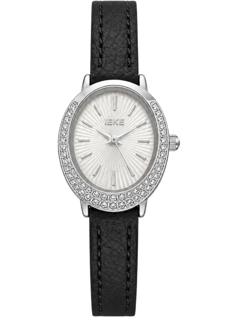 Women's Silver Case Black Leather Strap Oval Dial Retro Petite Quartz Wristwatch